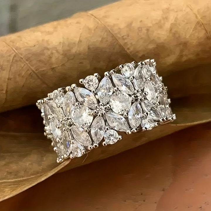 Stylish Wide Zirconia Floral Cluster Diamond Ring