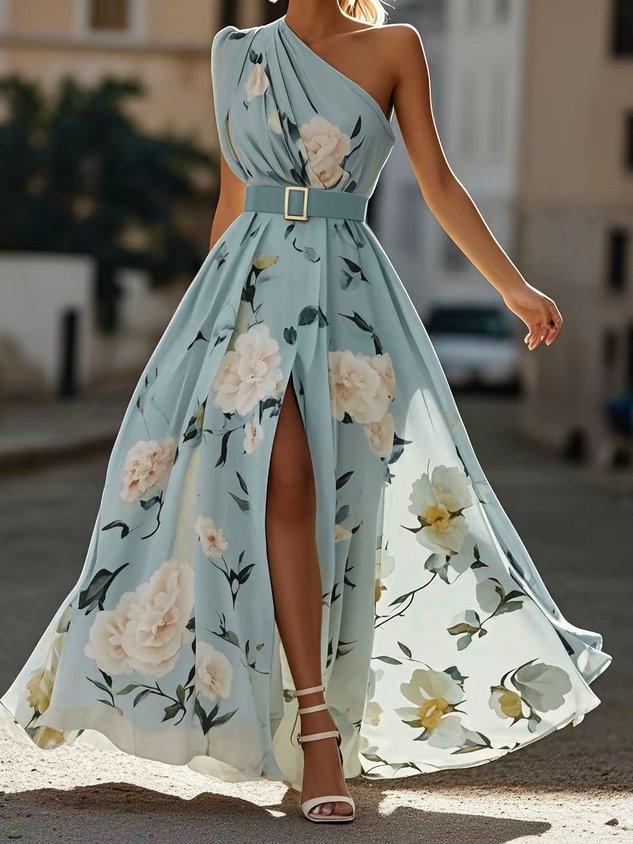 Julie | Vestido maxi de gasa verde claro con flores y un solo hombro