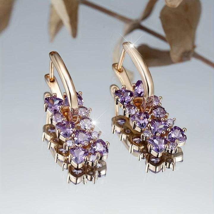 Pendientes de aro chapados en oro con circonita púrpura elegantes  