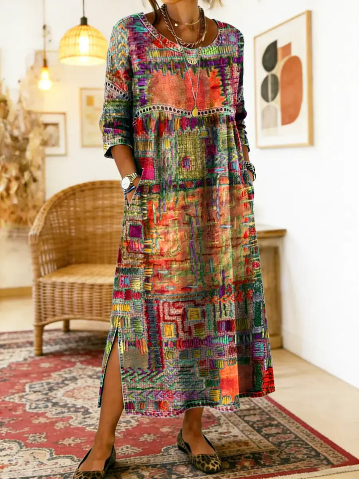 Manuela | Vestido estampado com patchwork étnico