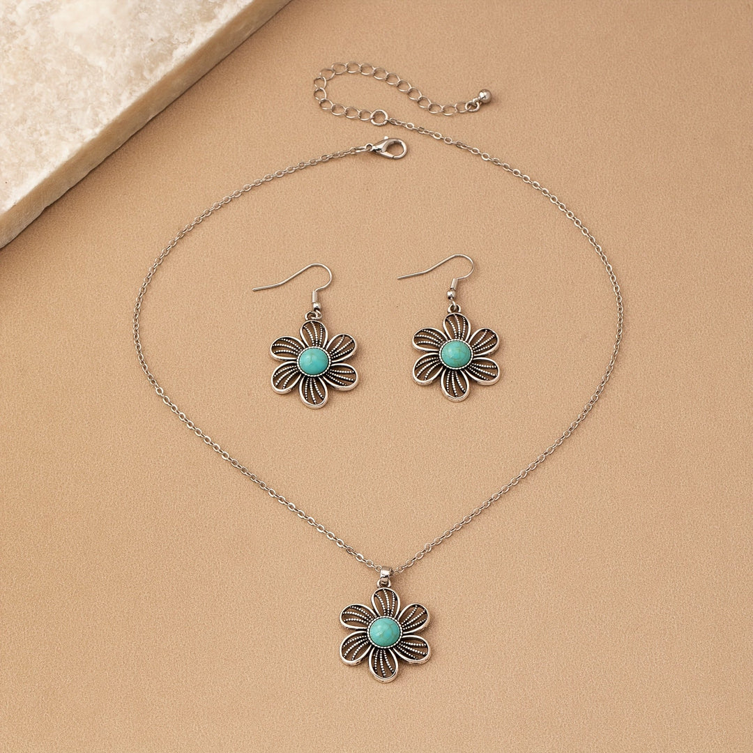 Conjunto de Joyería Vintage Boho de Pendientes y Collar de Flor de Turquesa