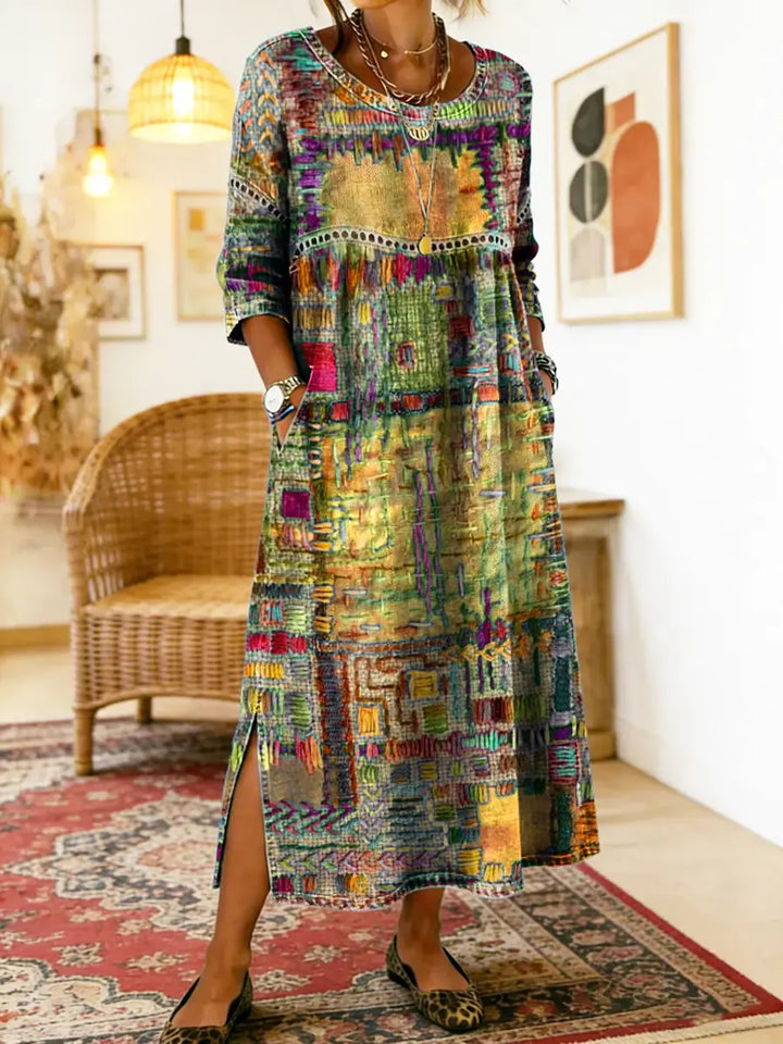 Manuela | Vestido estampado com patchwork étnico