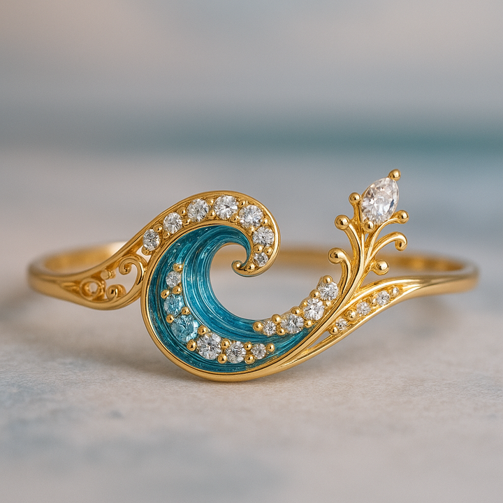 Ocean Wave Ring in Gold with Blue Crystal