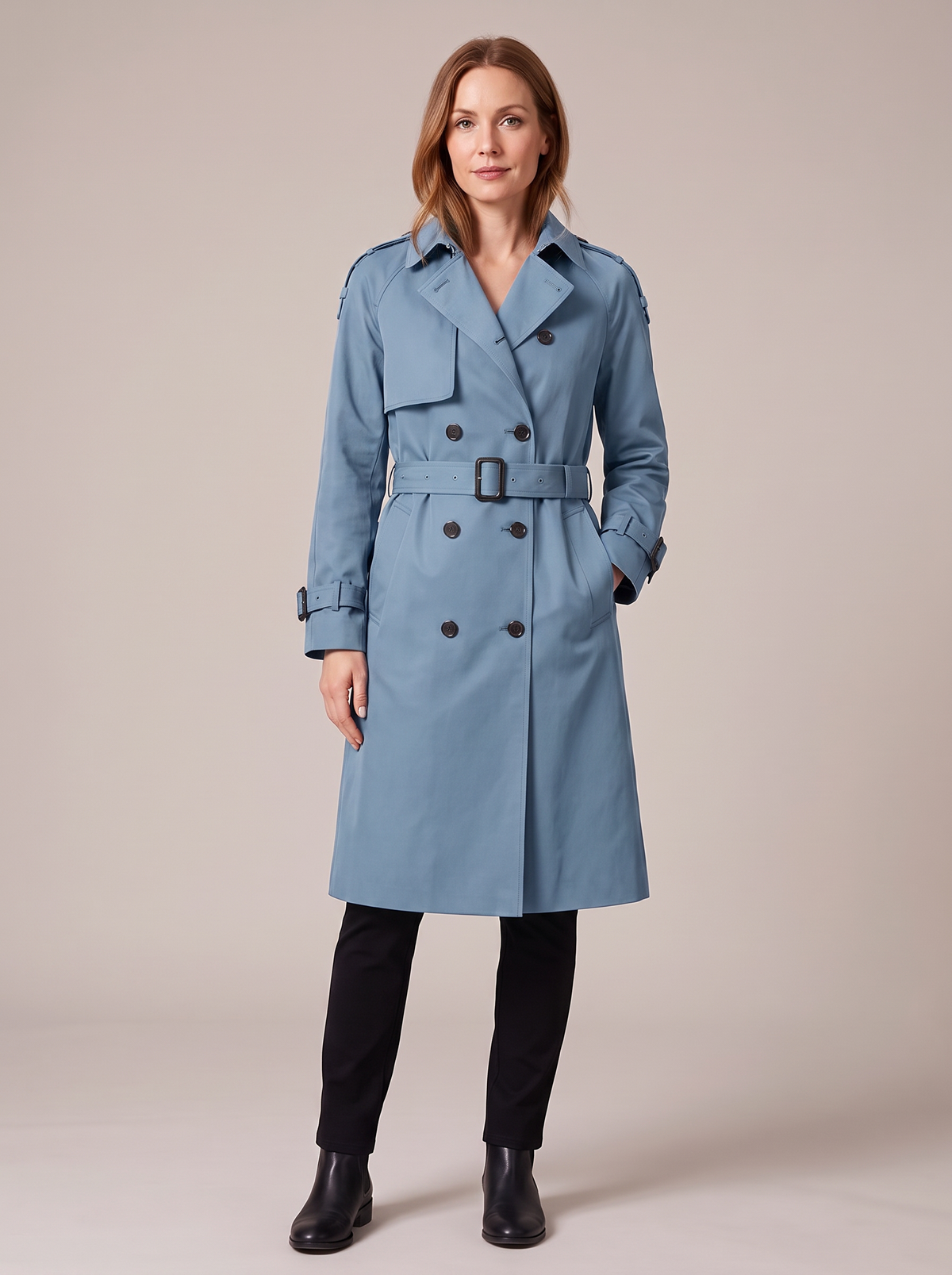 Women's long double-breasted belted trench coat in blue