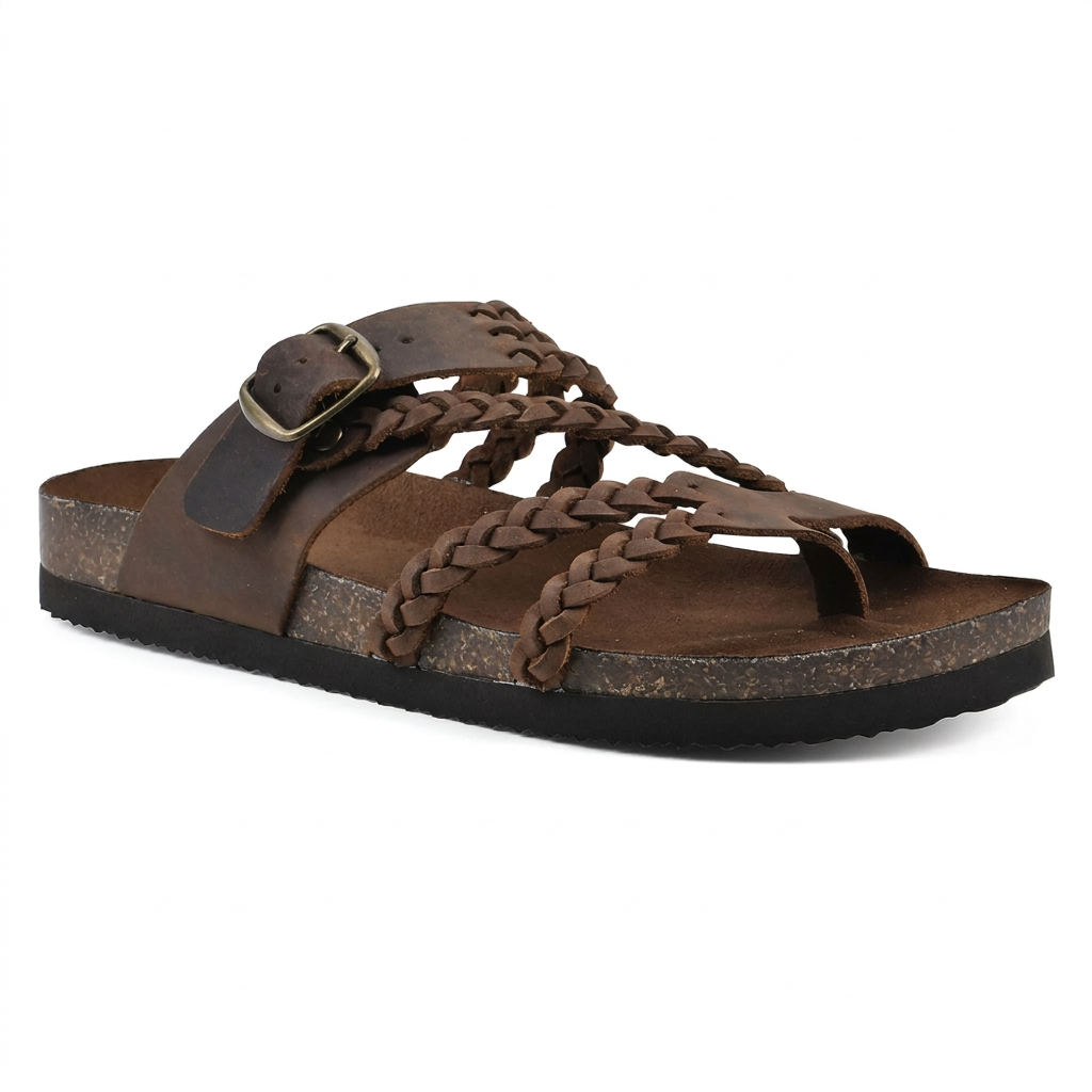 Brown sandal with footbed lettering removed
