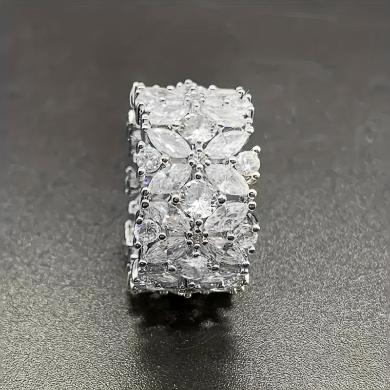Stylish Wide Zirconia Floral Cluster Diamond Ring