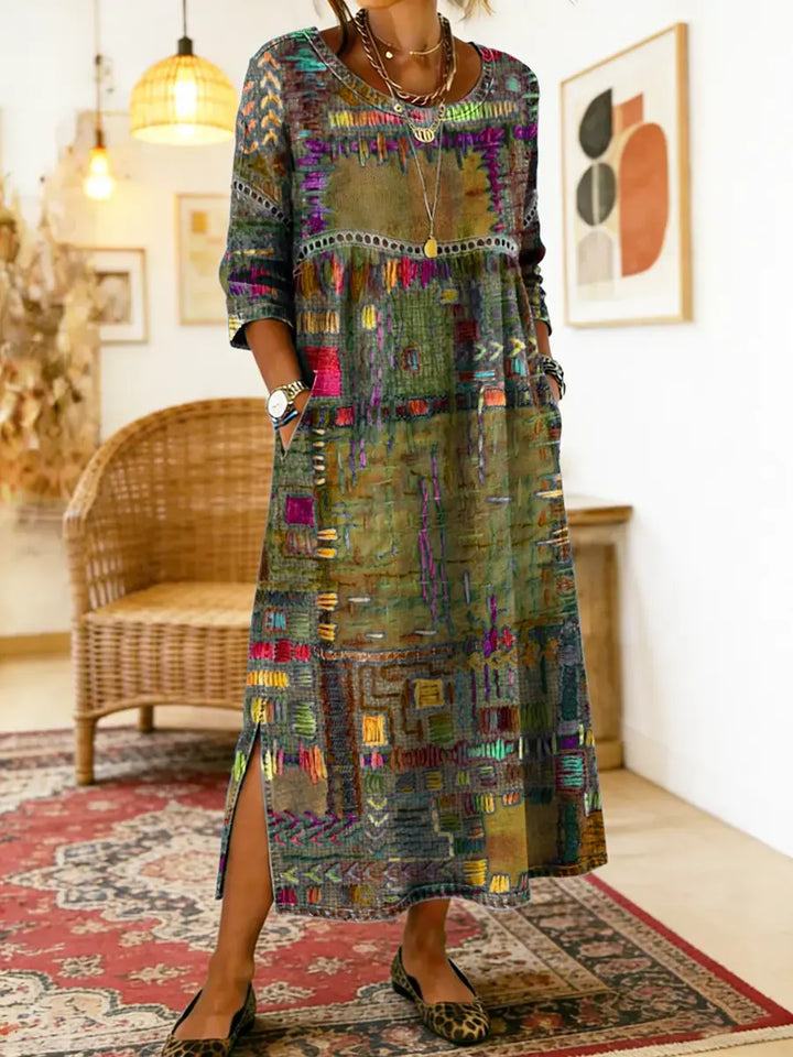 Manuela | Vestido estampado com patchwork étnico
