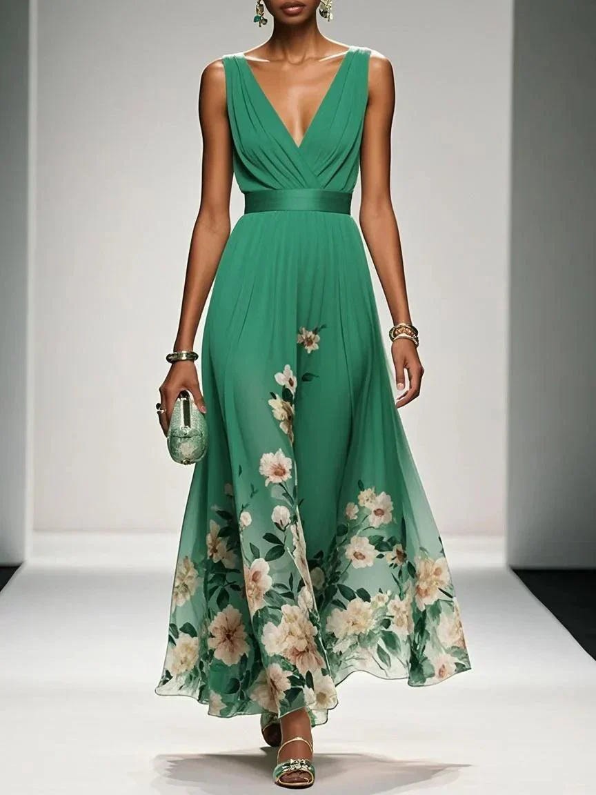 Rose | Vestido maxi floral azul-claro de chiffon com decote em V