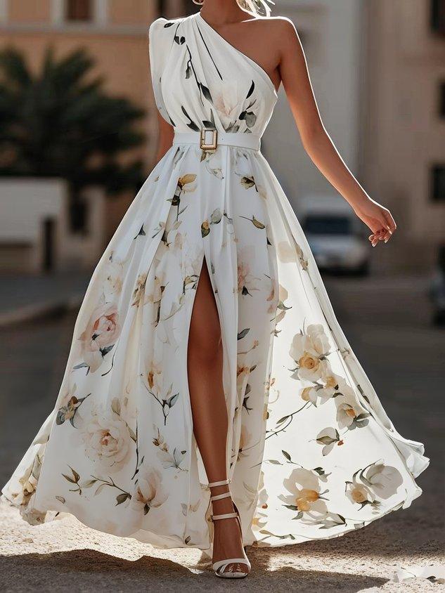 Julie | Vestido maxi de gasa verde claro con flores y un solo hombro