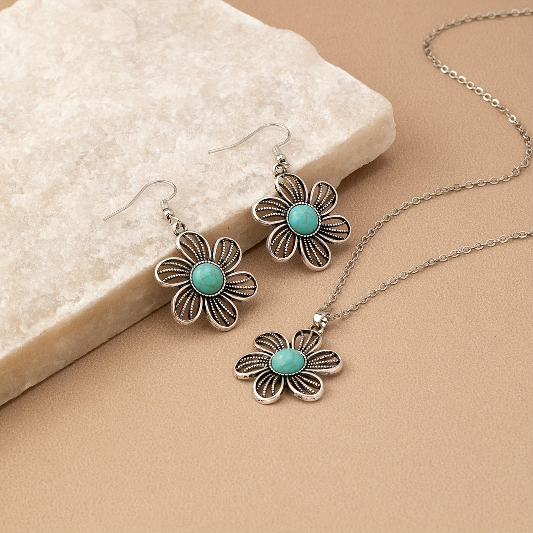 Conjunto de Joyería Vintage Boho de Pendientes y Collar de Flor de Turquesa