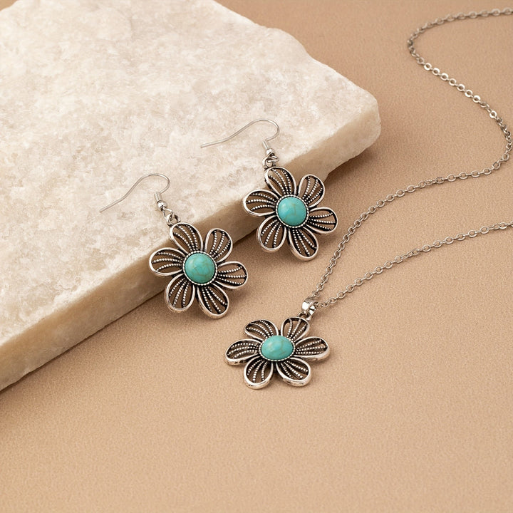 Conjunto de Joyería Vintage Boho de Pendientes y Collar de Flor de Turquesa