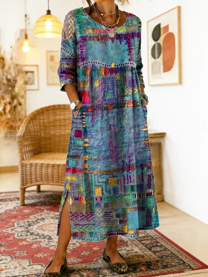 Manuela | Vestido estampado com patchwork étnico