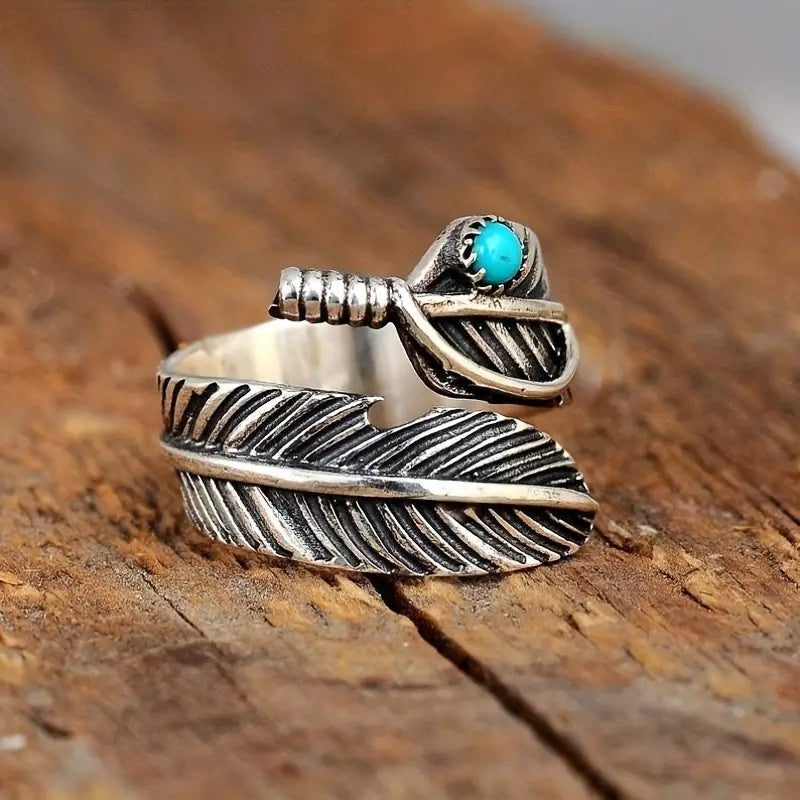 Boho Feather Turquoise Sterling Silver Ring