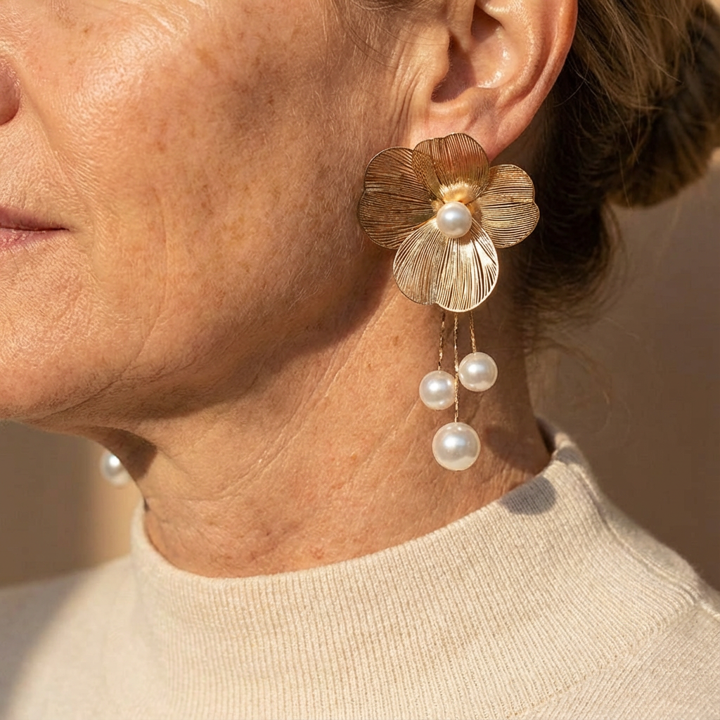 Pendientes colgantes vintage de flor dorada con perla  