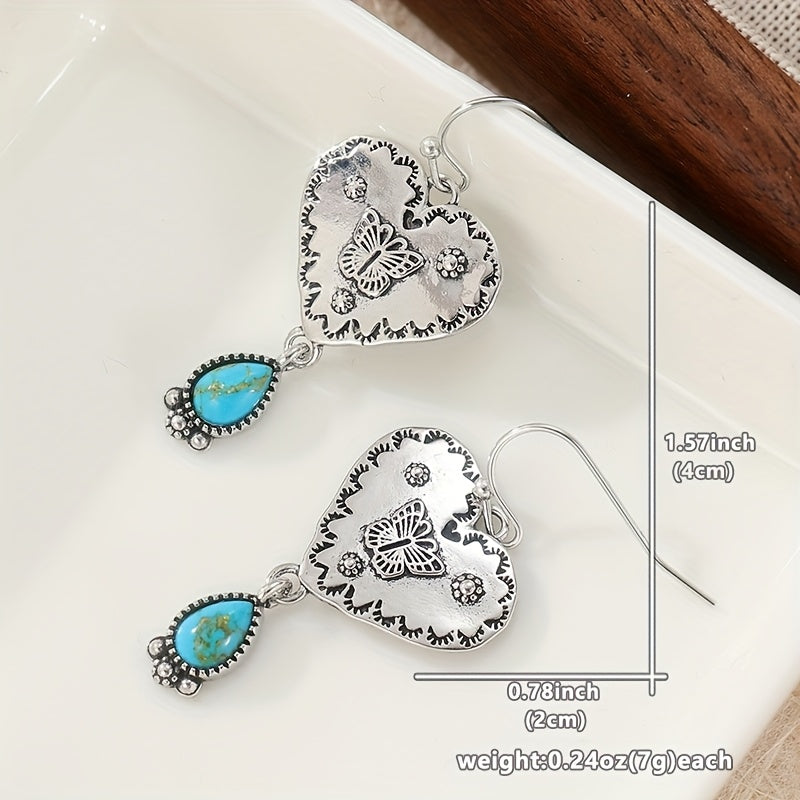 Brincos artesanais boho de prata com coração de turquesa e borboleta