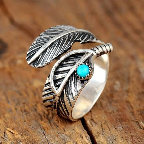 Boho Feather Turquoise Sterling Silver Ring