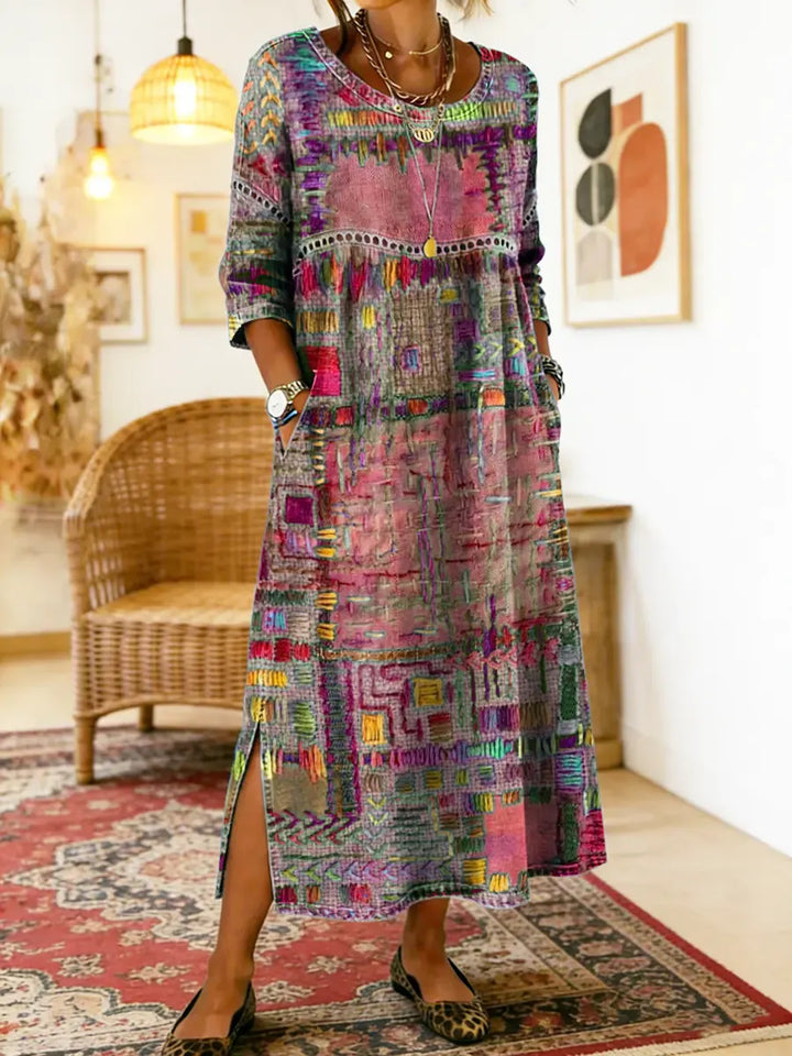 Manuela | Vestido estampado com patchwork étnico