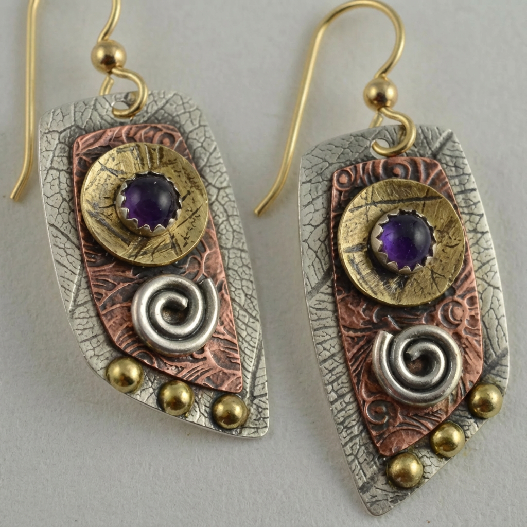 Pendientes colgantes artesanales de amatista en metales mixtos