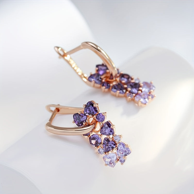 Pendientes de aro chapados en oro con circonita púrpura elegantes  