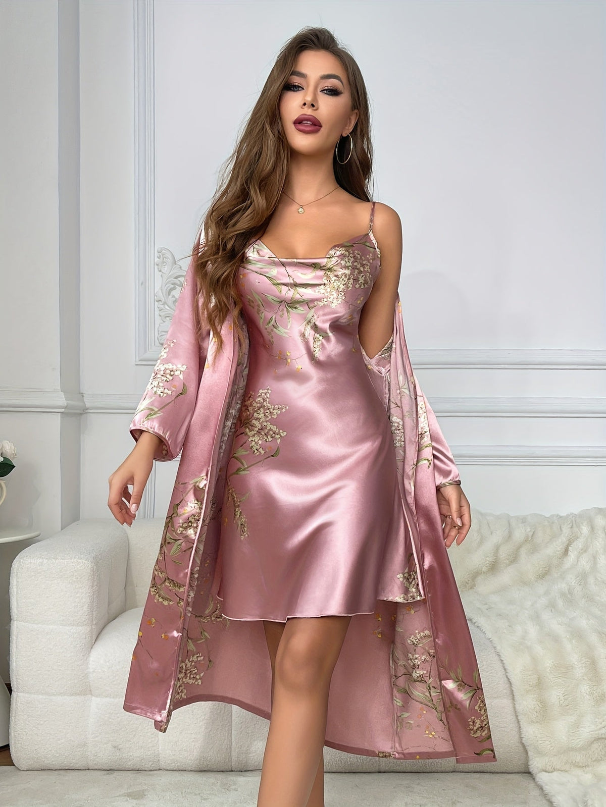 Rosalynn | 2-Piece Floral Satin Camisole & Robe Set