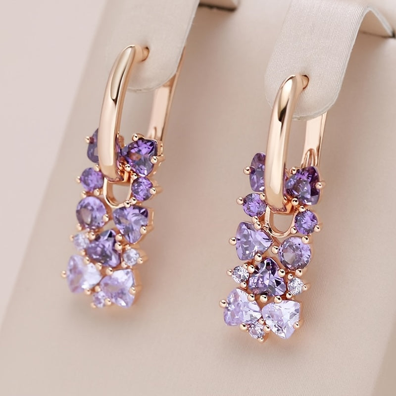 Pendientes de aro chapados en oro con circonita púrpura elegantes  