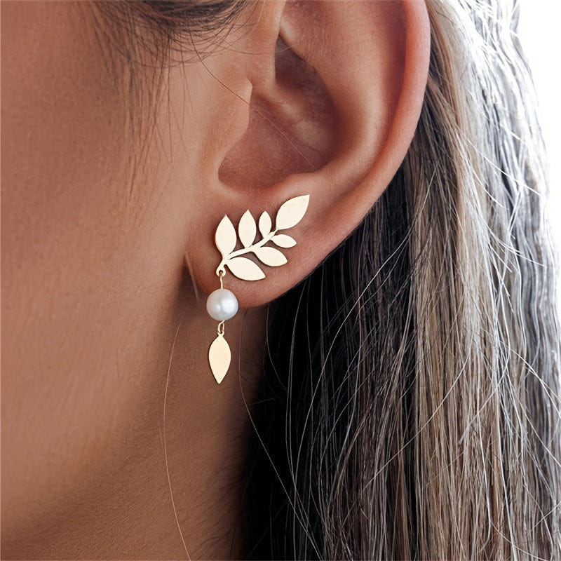 Pendientes colgantes elegantes vintage de hojas doradas y perlas