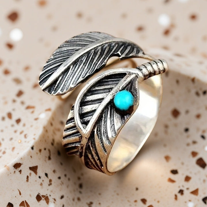 Boho Feather Turquoise Sterling Silver Ring