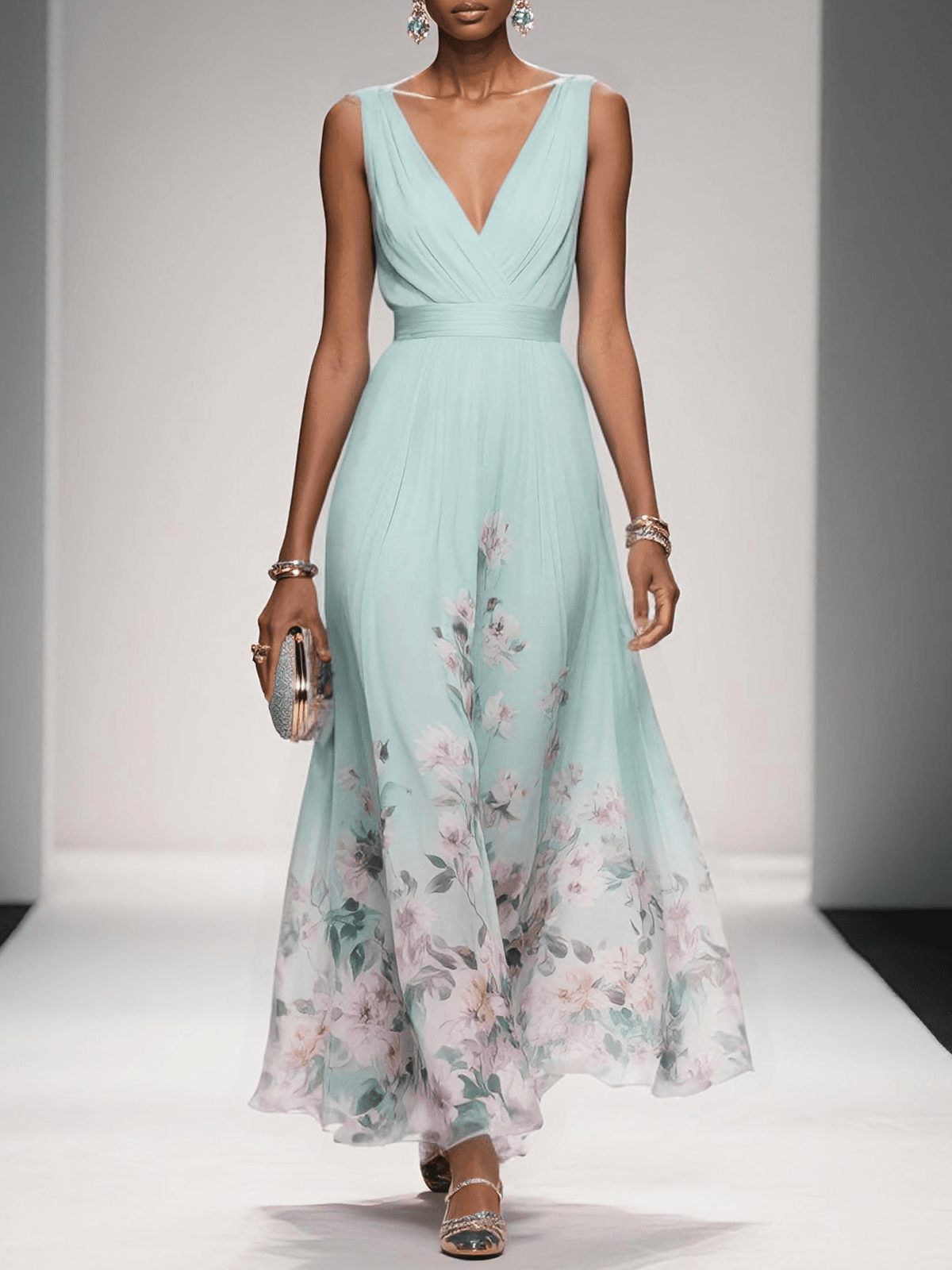 Rose | Vestido maxi floral azul-claro de chiffon com decote em V