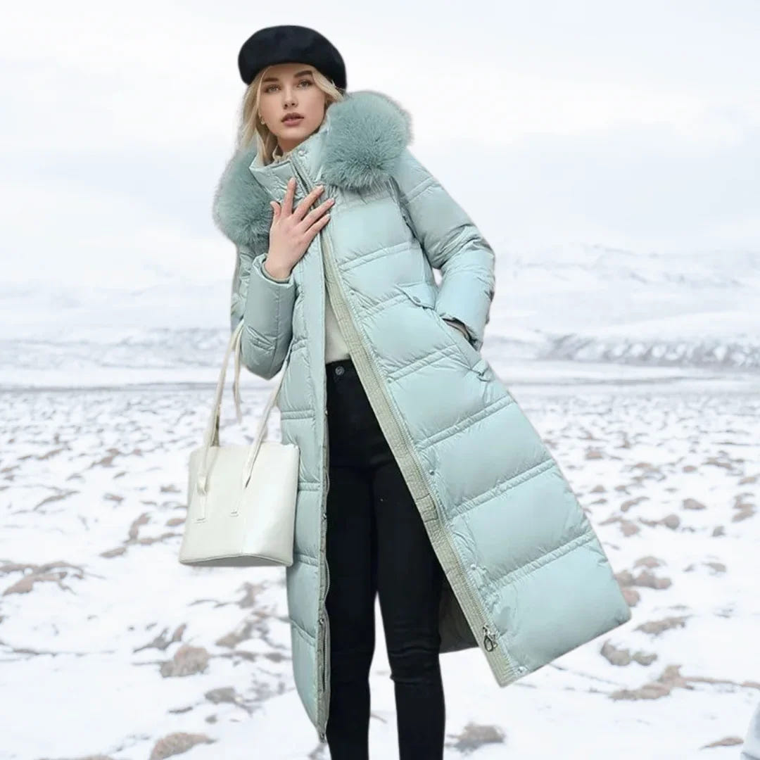 Designer winter parka with fur hood in Blue