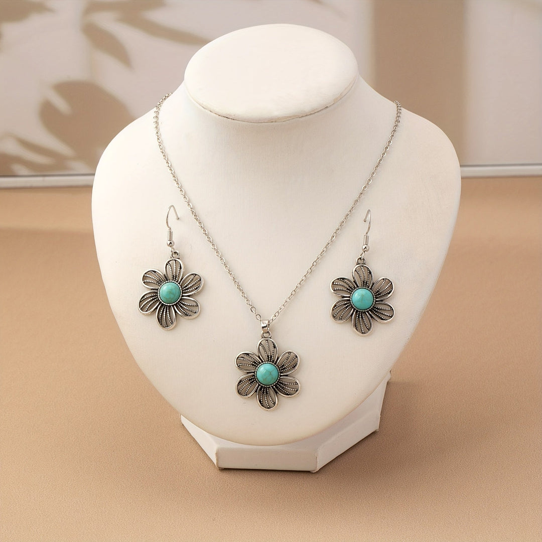 Conjunto de Joyería Vintage Boho de Pendientes y Collar de Flor de Turquesa