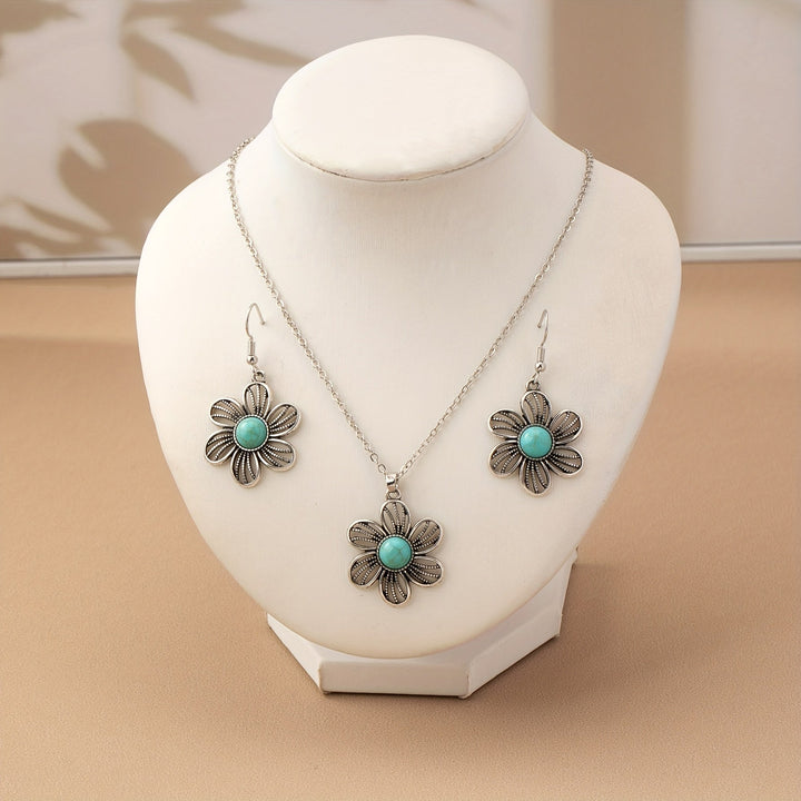 Conjunto de Joyería Vintage Boho de Pendientes y Collar de Flor de Turquesa