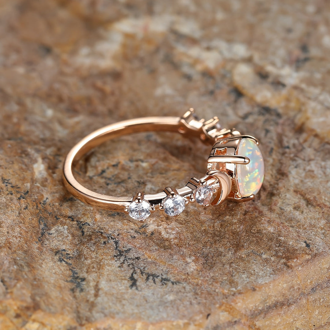 Elegant Rainbow White Fire Opal Small Moon Gold Plated Rings