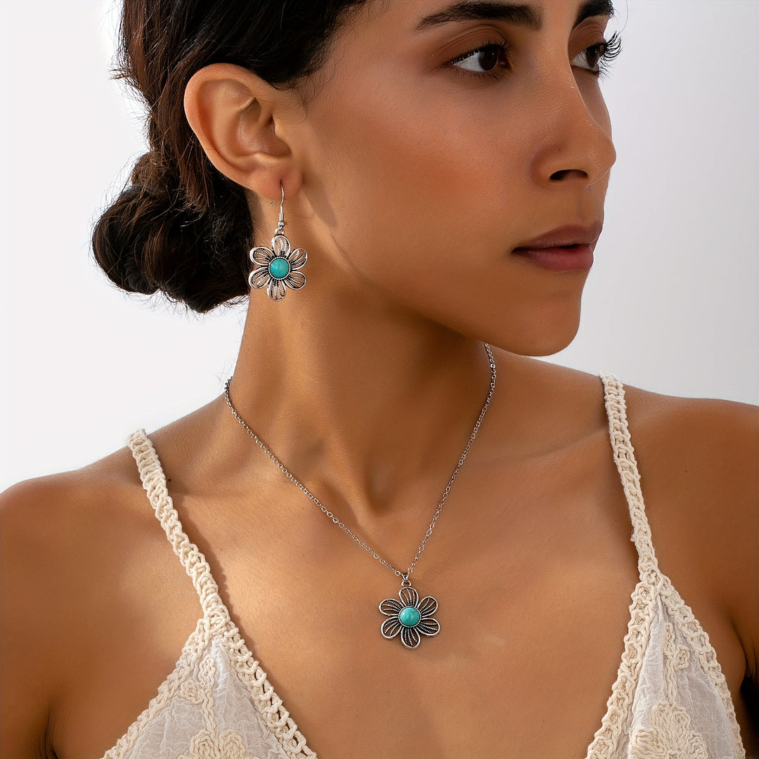 Conjunto de Joyería Vintage Boho de Pendientes y Collar de Flor de Turquesa