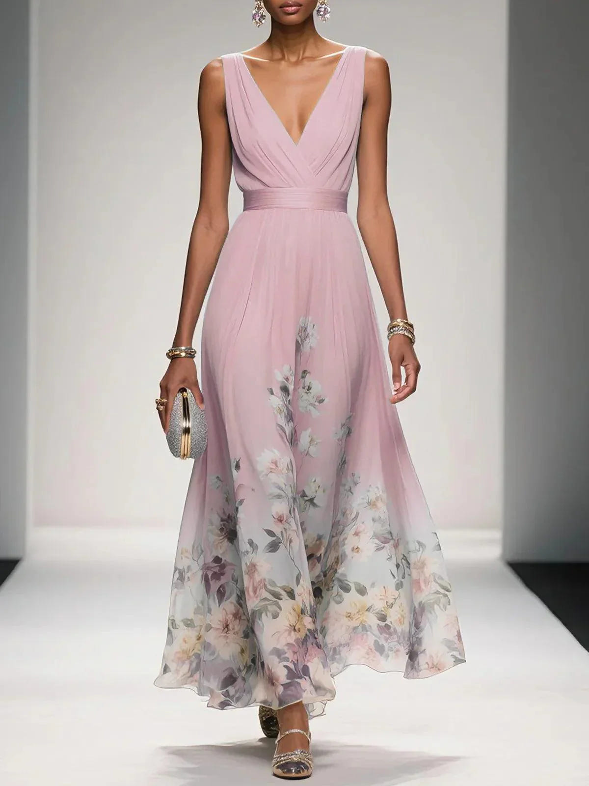 Rose | Vestido maxi floral azul-claro de chiffon com decote em V