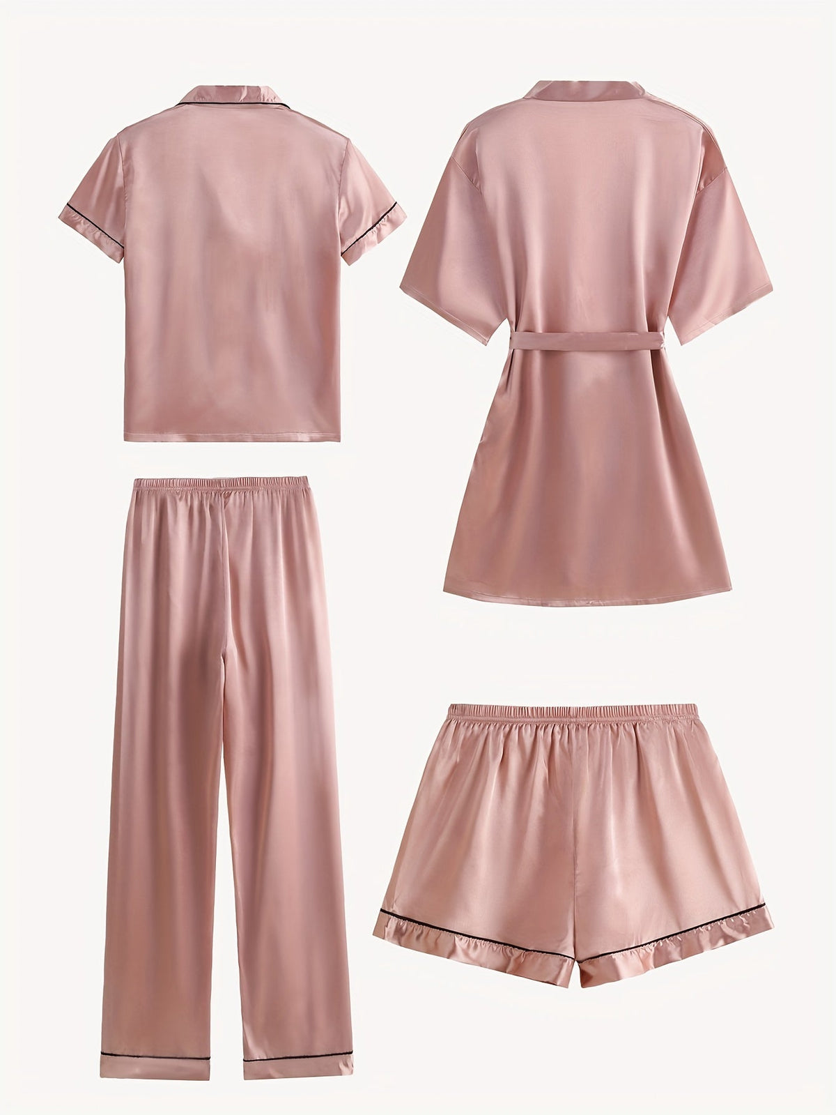 Juliette | Conjunto de pijama y bata de satén liso de manga media, de 4 piezas