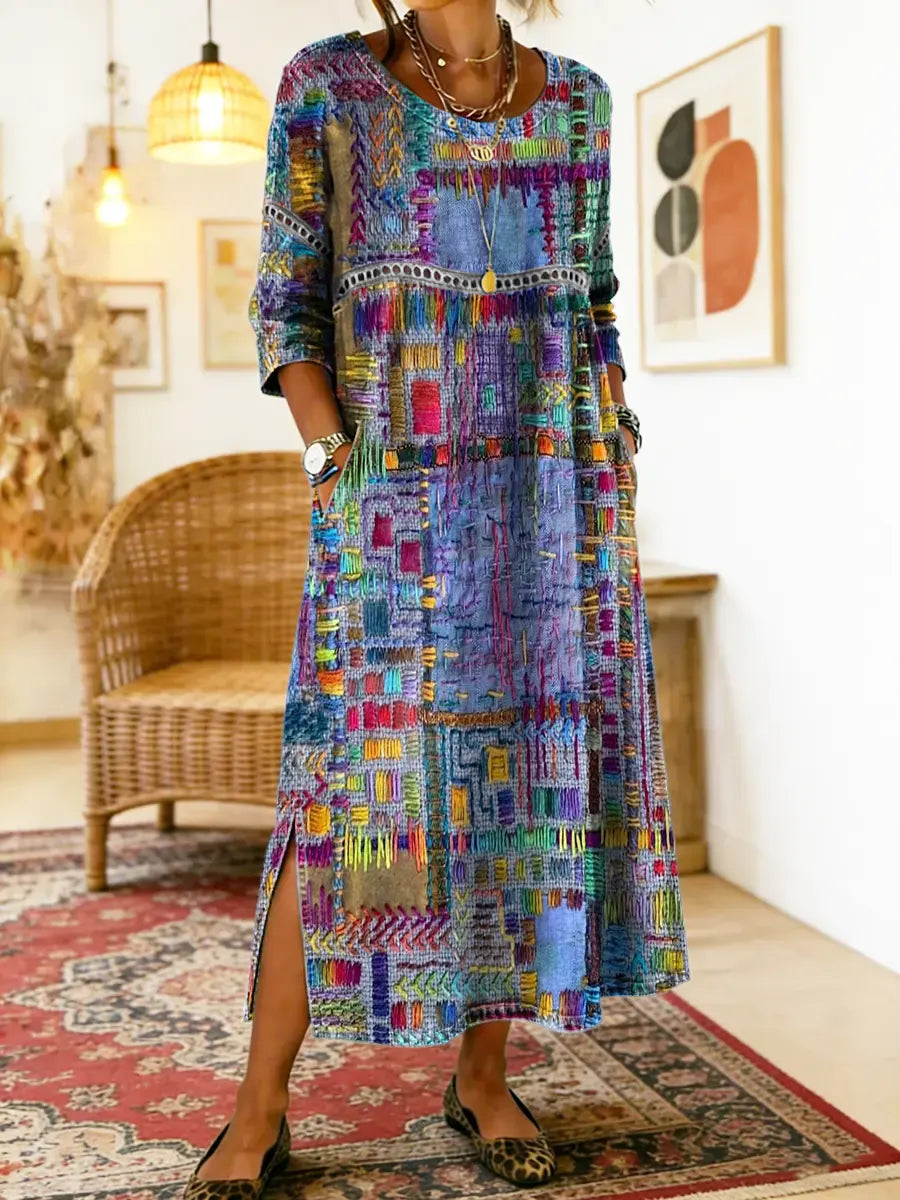 Manuela | Vestido estampado com patchwork étnico