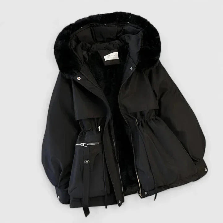 Women's zip-up faux fur hood parka with trim in Black