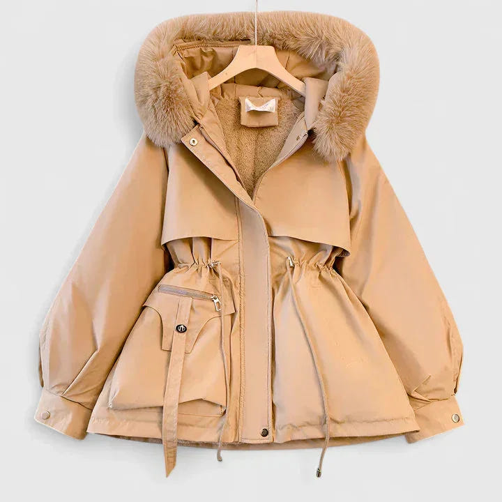 Women's zip-up faux fur hood parka with trim in Khaki