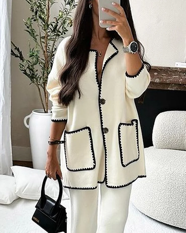 Conjunto informal de chaqueta con ribete decorativo y pantalones Sofia