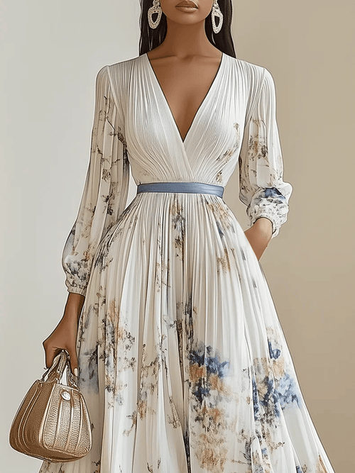 Amalia | Robe longue en mousseline blanche à fleurs et manches ballon