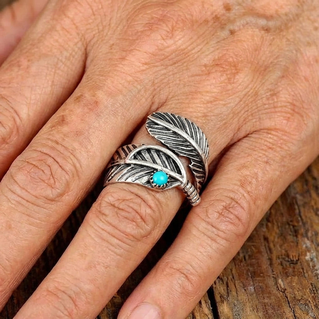 Boho Feather Turquoise Sterling Silver Ring