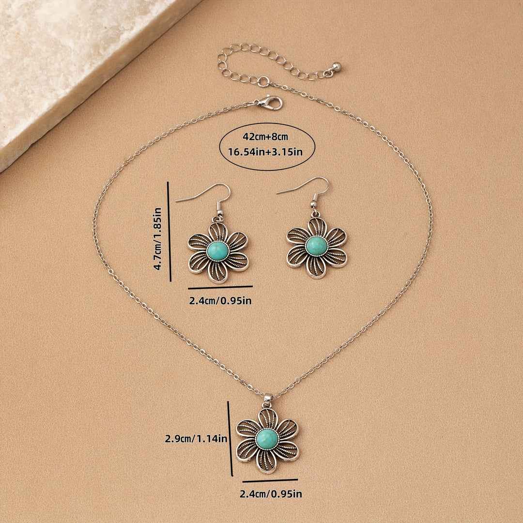 Conjunto de Joyería Vintage Boho de Pendientes y Collar de Flor de Turquesa