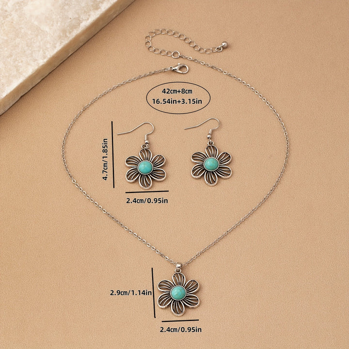 Conjunto de Joyería Vintage Boho de Pendientes y Collar de Flor de Turquesa