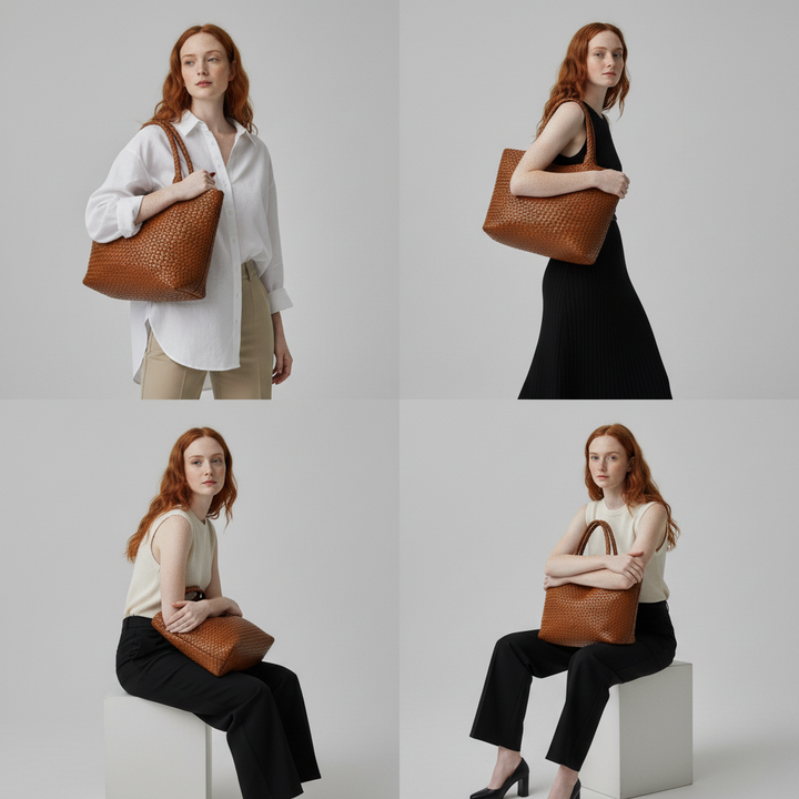 Lana | Woven Shoulder Tote Bag in Soft Microfiber Leather