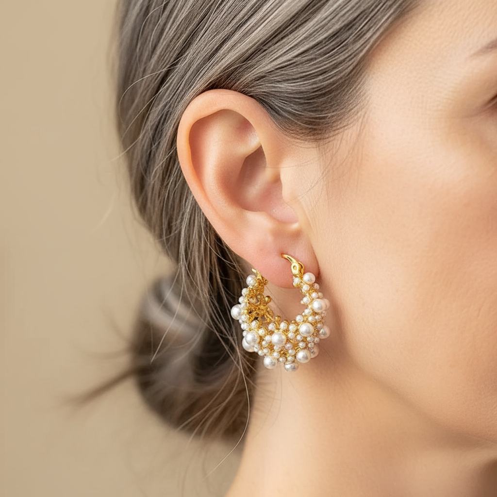 Brincos de argola vintage com conjunto de pérolas