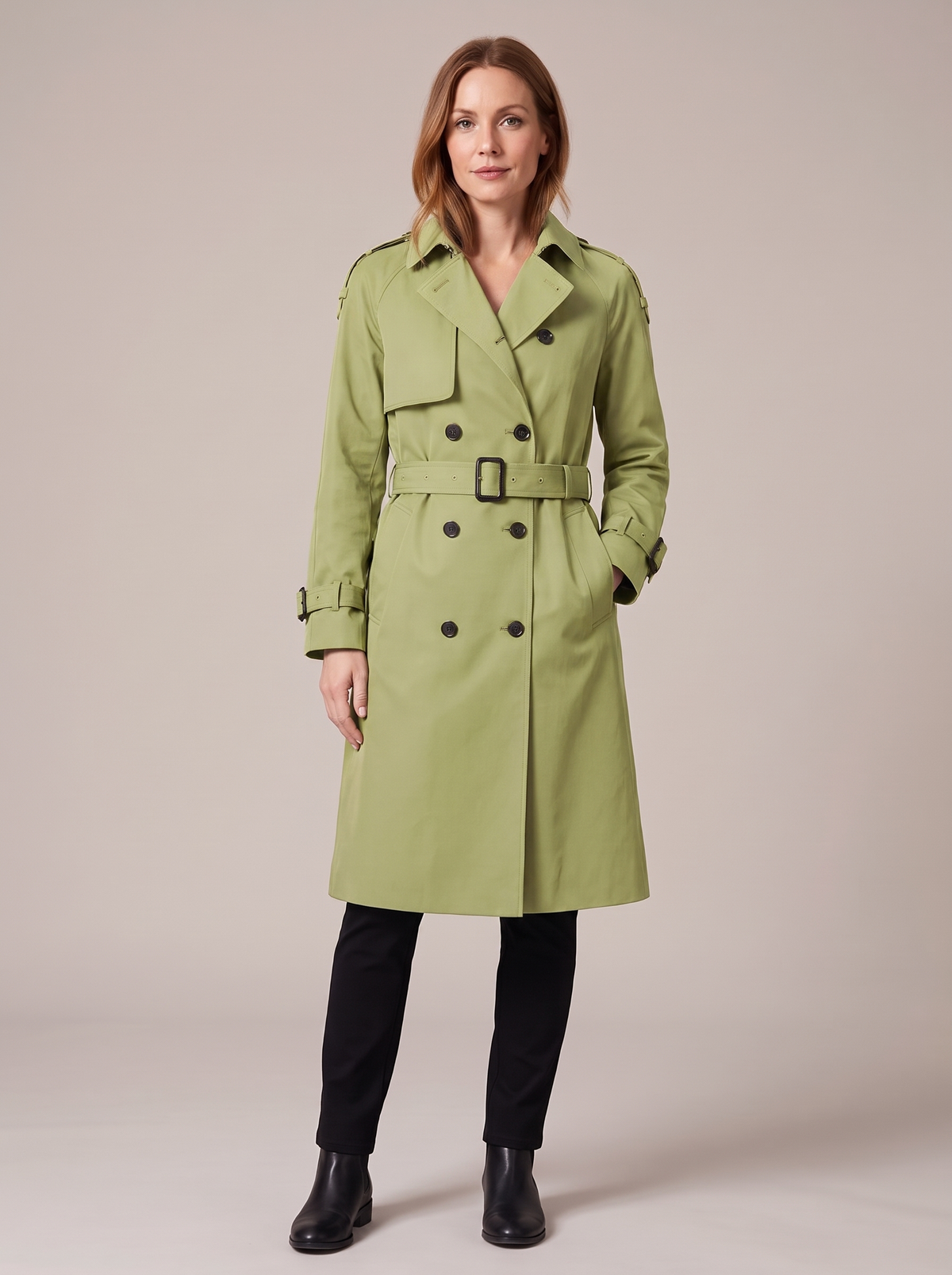 Women's long double-breasted belted trench coat in green