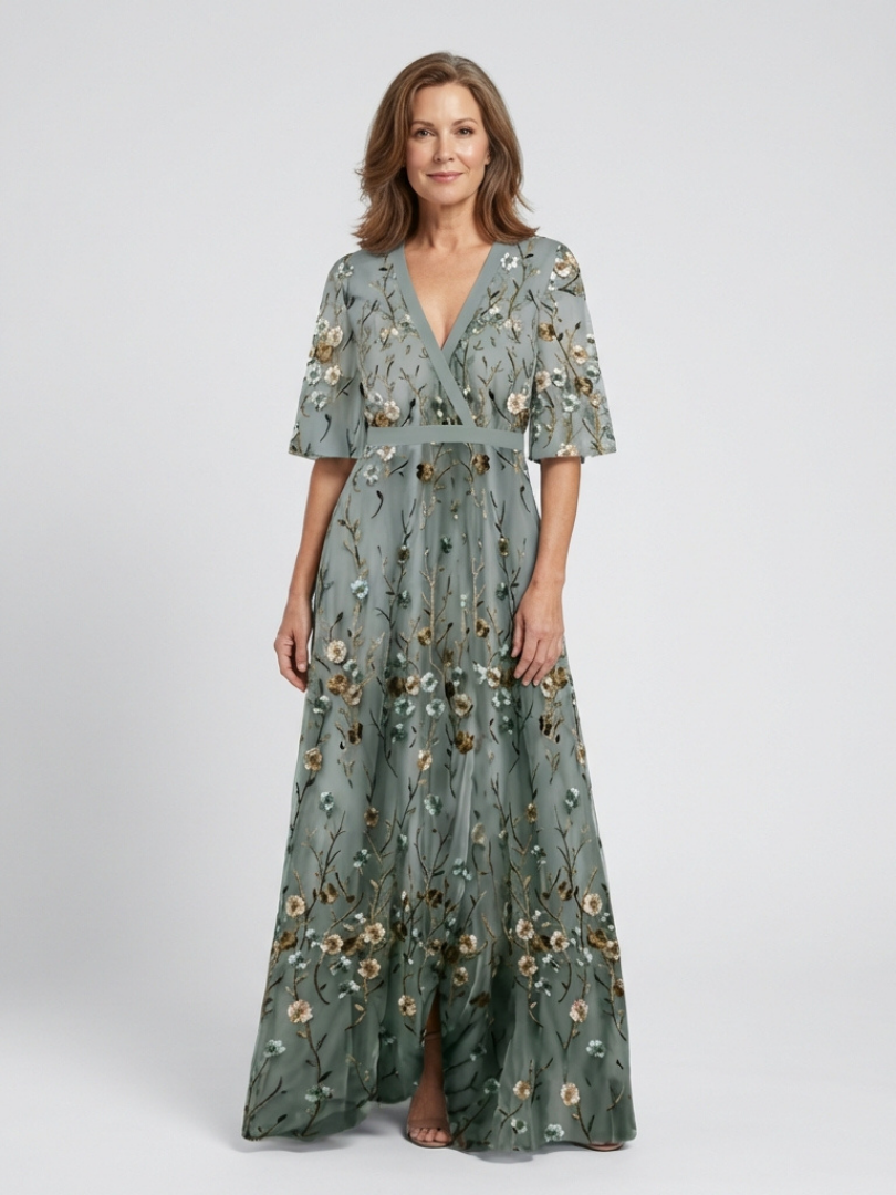 Evadne | Vestido largo floral de manga corta y escote en V