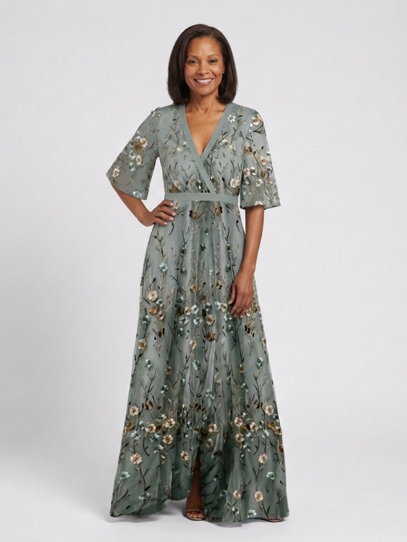 Evadne | Vestido largo floral de manga corta y escote en V