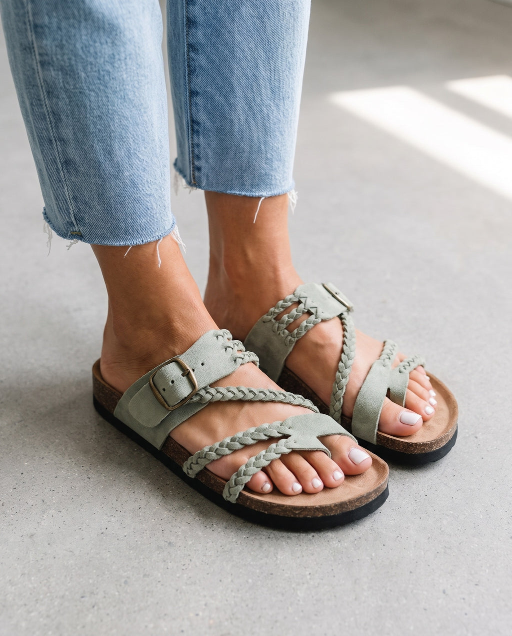 Hayleigh braided cork sandals in sage green, worn with cropped jeans