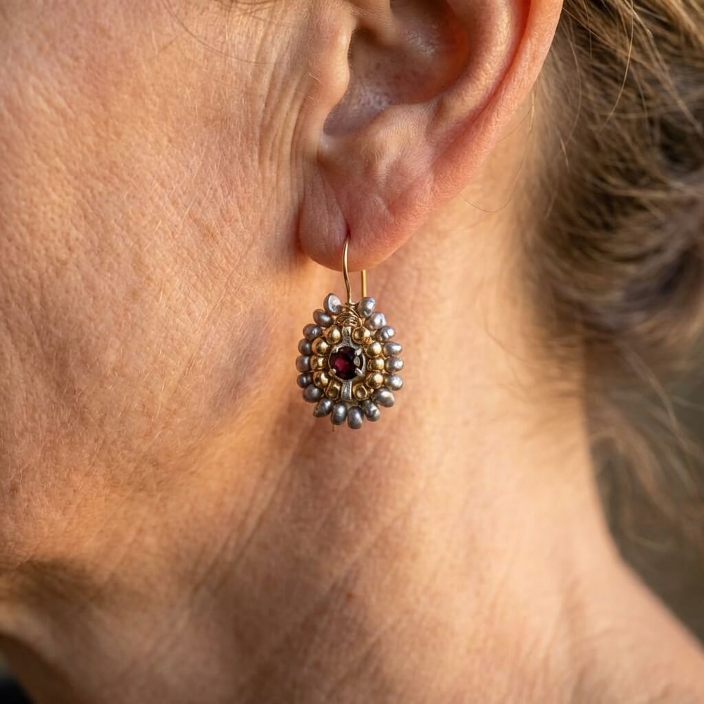 Pendientes elegantes vintage de oro y piedra gris  